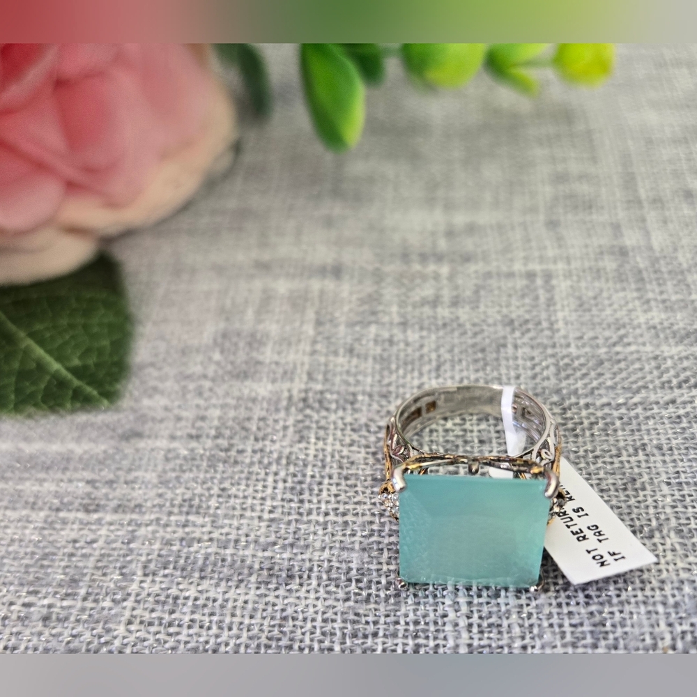 Vintage Gems en Vogue‎ Princess Cut Seafoam Chalcedony, White Zircon Ring 925